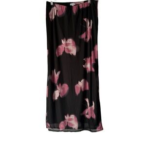 Lovefire Floral Print Maxi Skirt Large Pink Black Sheer Whimsigoth Grunge‎ Fairy